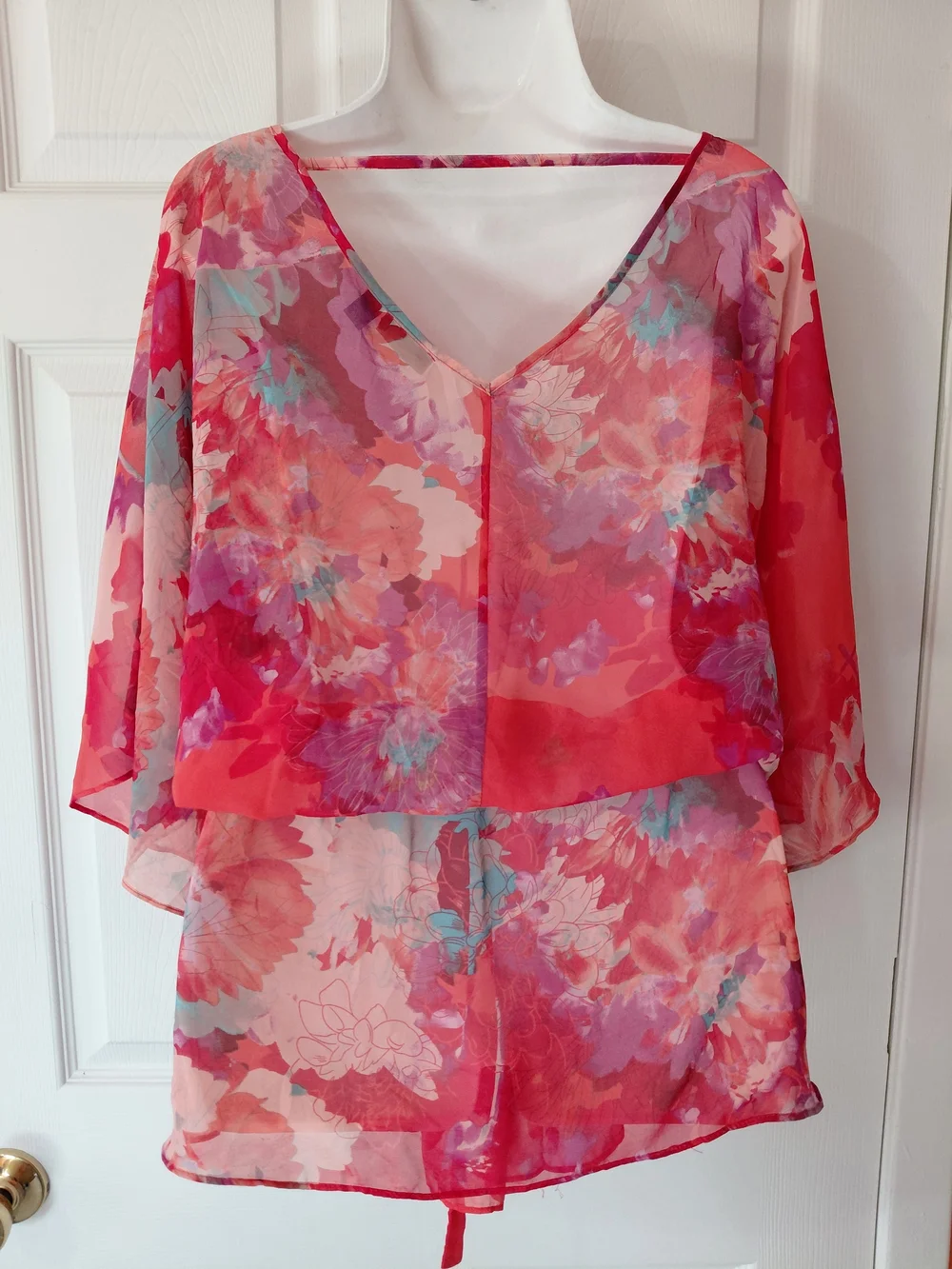 a.n.a Plus Size 2X  Floral Tie-Waist Sheer Blouse in Pink and Coral Kimono Sleev - Picture 4 of 8